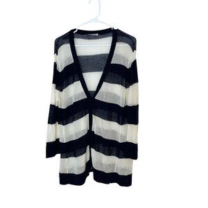 Autumn Cashmere Womens LInen Striped Cardigan BLue & White LIghtweight Large